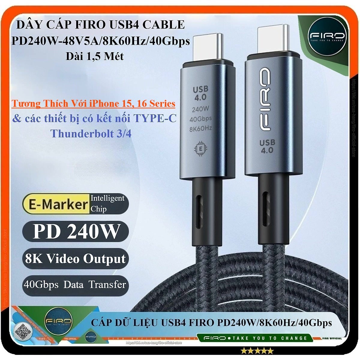 Cáp Sạc Nhanh Type-C to Type-C PD 240W - Dây Cáp Dữ Liệu FIRO USB4 CABLE - Sạc Nhanh PD 240W 48V@5A, Xuất Video 8K60Hz, Truyền Dữ Liệu 40Gbps - PD240W/8K60Hz/40Gbps - Dài 1,5 Mét - Dùng Cho iPhone15,16 Series, Macbook, Laptop, Smartphone - Hàng Chính Hãng