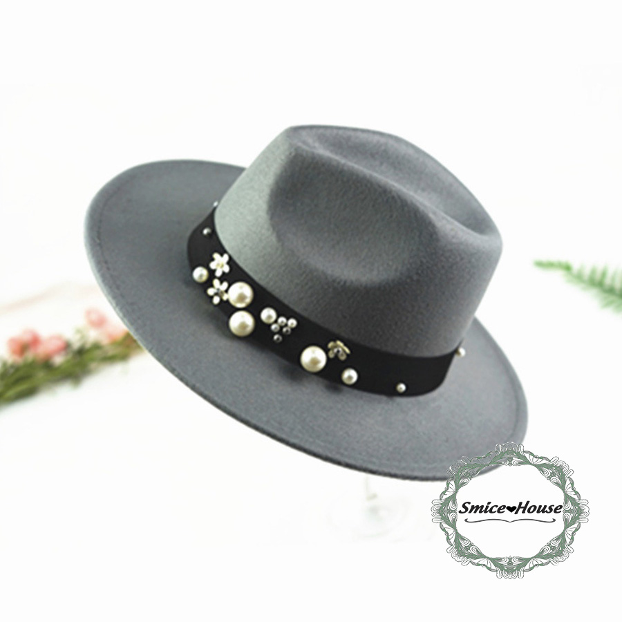 Nón phớt fedora retro vành rộng vải dạ nỉ mũ jazz đính hạt sang trọng dành cho cả nam và nữ hàng cao cấp - Smice House