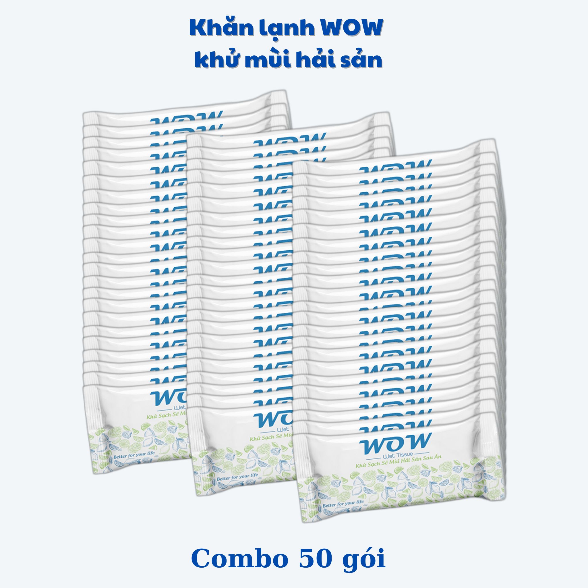 Khăn lạnh Wow khử mùi hải sản Hương Chanh Sả - Combo 50 khăn - Siêu rẻ, tiện lợi