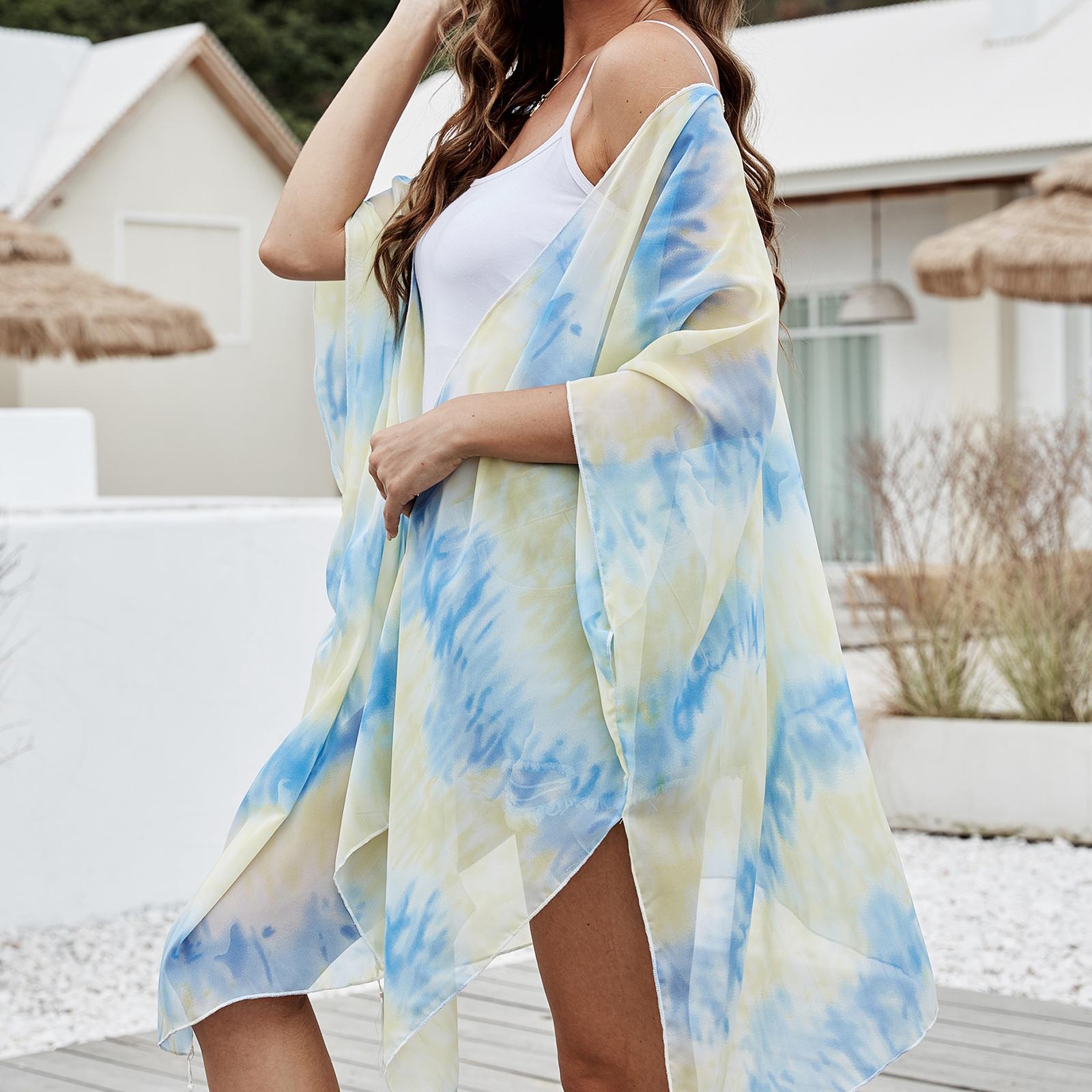 Fashion Women Chiffon Floral Print Loose Shawl Kimono Cardigan Boho Tunic Tops Beach Swinsuit Cover Up Open Front Blouse for Beach Casual Holiday