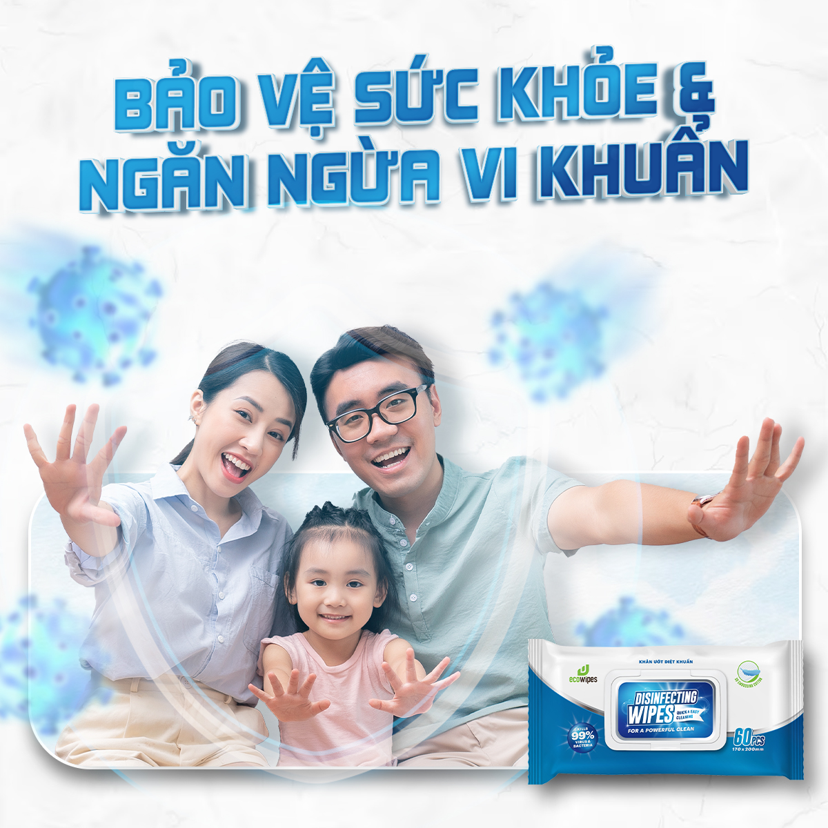 Khăn giấy ướt diệt khuẩn Ecowipes gói 60 tờ Disinfecting Wipes diệt 99,9% vi khuẩn hương chanh dịu nhẹ không kích ứng da