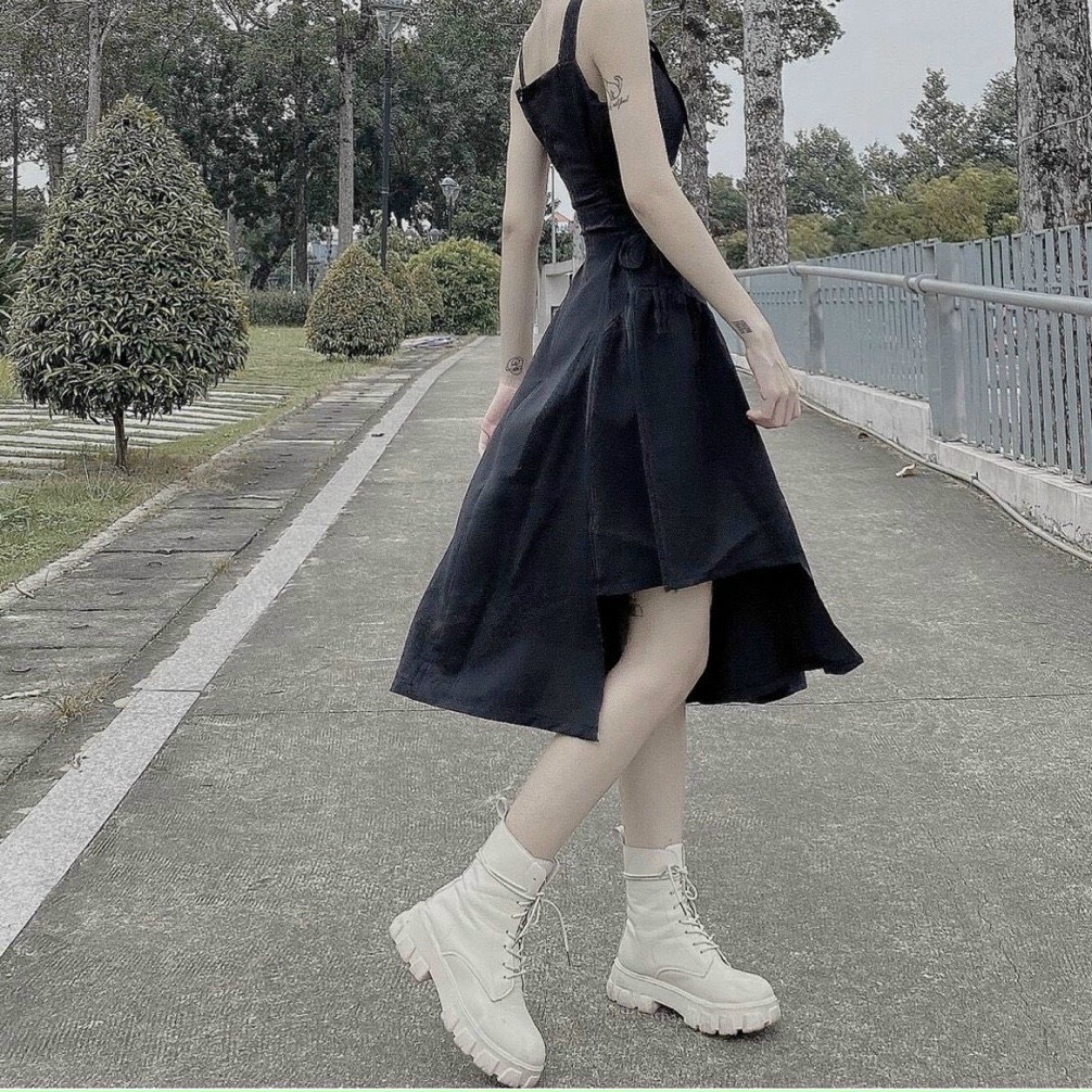 Đầm đen xoè 2 dây tà lệch đan dây eo