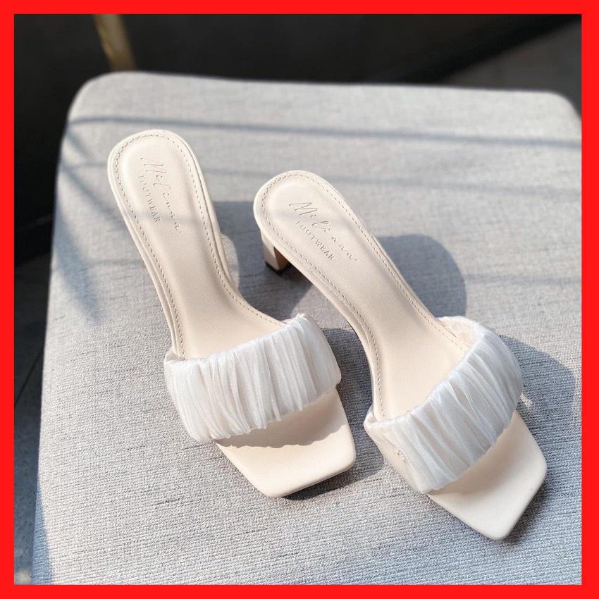 xảkho 3ngày Guốc/ dép/ giày cao gót lụa cát gót vuông 4 phân- hottrend siêu xinh bèo 2 lớp phối meka form chuẩn- bèo 4f