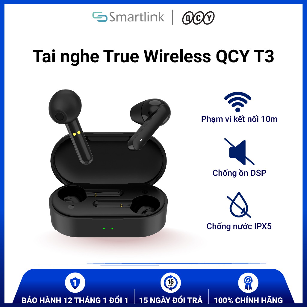 Tai nghe True Wireless QCY T3 Bluetooth 5.0 (Màu đen) - Hàng chính hãng