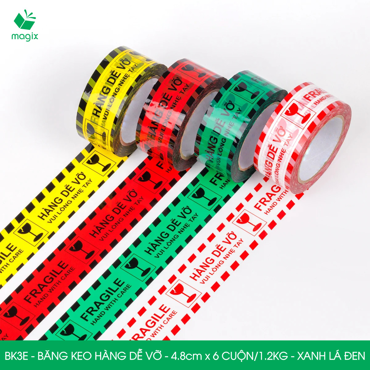 BK3E - Băng keo HÀNG DỄ VỠ màu xanh lá đen khổ 4.8 cm - Băng dính niêm phong - 6 cuộn