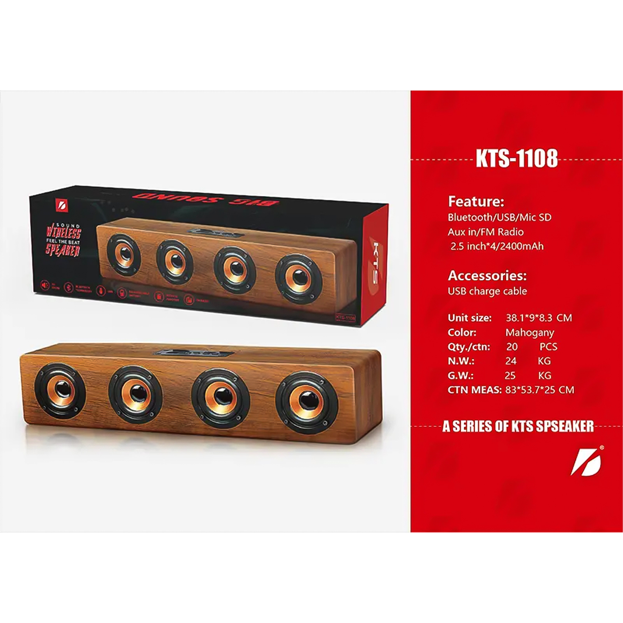 Loa gỗ Bluetooth Vinetteam KTS-1108 Hifi 20W Loa siêu trầm không dây âm thanh nổi, có 4 loa nghe nhạc cực hay, hỗ trợ cổng USB, FM, thẻ nhớ Micro SD - hàng chính hãng