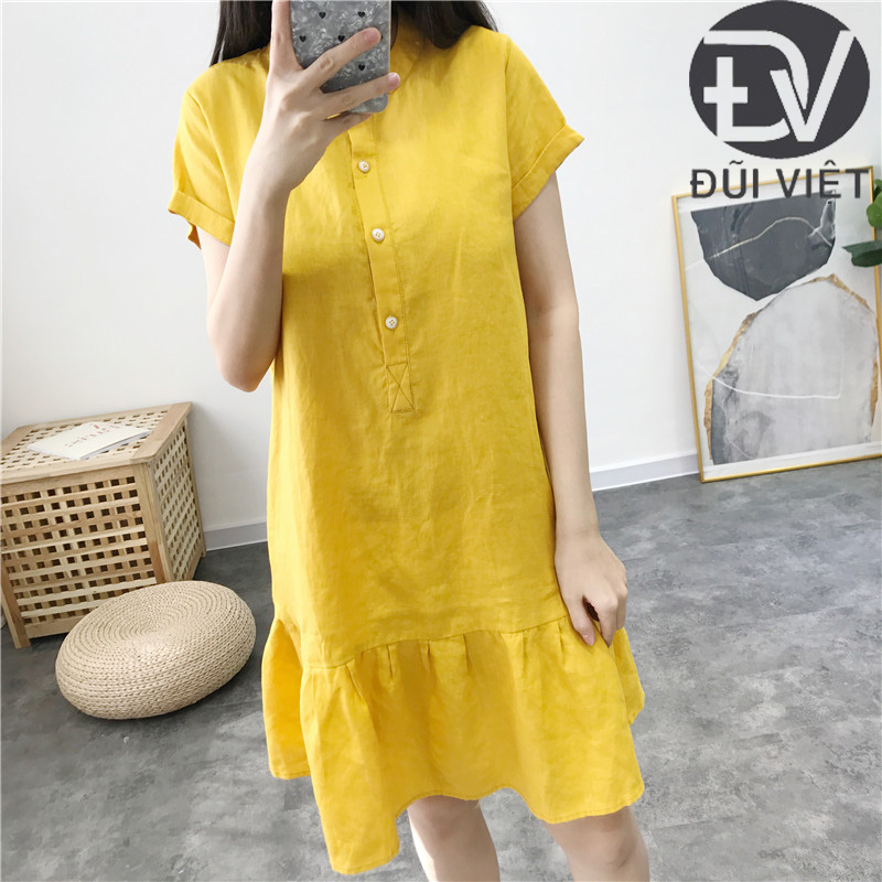 Đầm Linen suông đuôi cá, Váy midi nữ cổ trụ phối cúc chất linen mát Đũi Việt Dv80