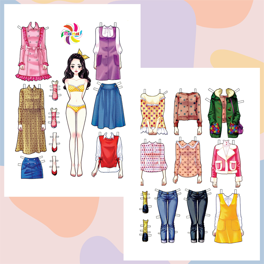 Búp bê giấy (paper doll)  thay đồ thời trang đồ chơi cắt thủ công cho bé Combo 6 hình siêu đáng yêu MHG006