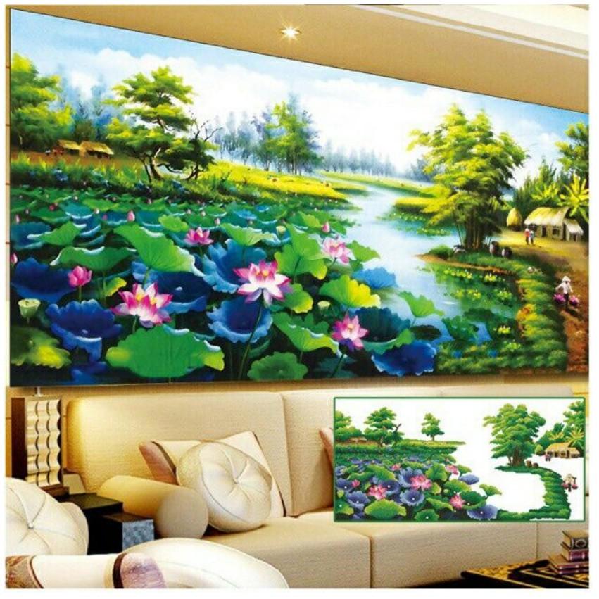 Tranh Đính Đá LÀNG QUÊ ĐẦM SEN . Kích Thước: 1m2 x 65cm - 1m5 x 75cm