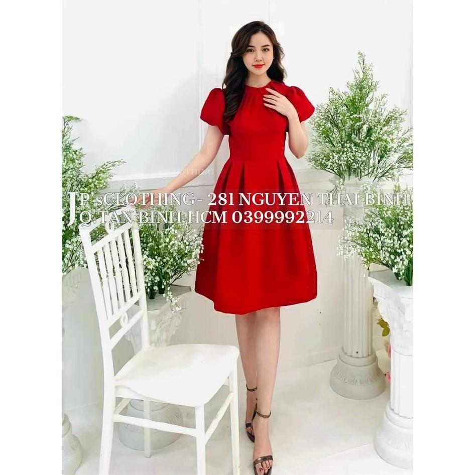 Đầm xoè tay phồng cổ tròn xếp ly
