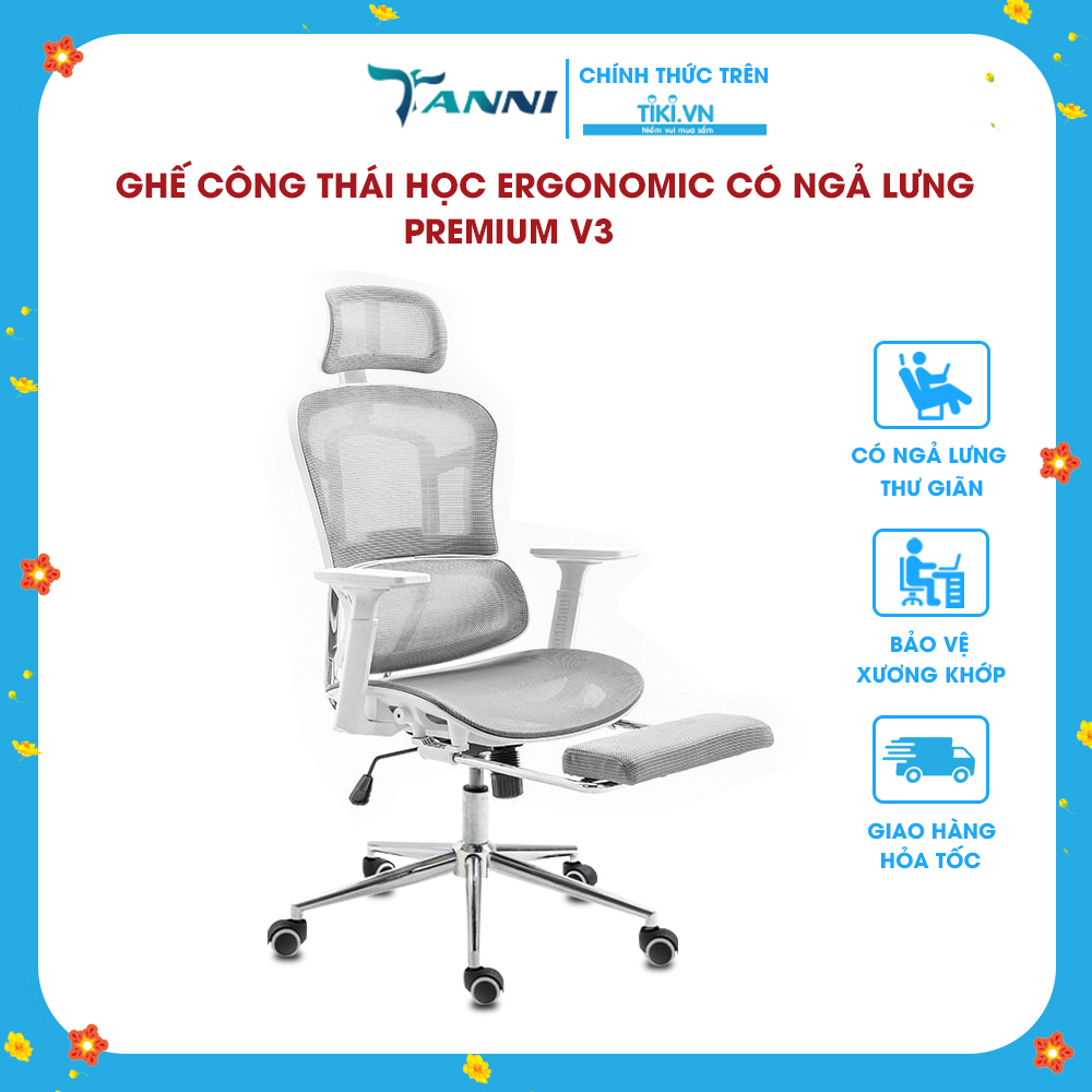 Ghế Xoay Văn Phòng Công Thái Học Cao Cấp Có Ngả Lưng TANNI Premium V3, Ghế Xoay Ngồi Làm Việc Ergonomic Nhập Khẩu