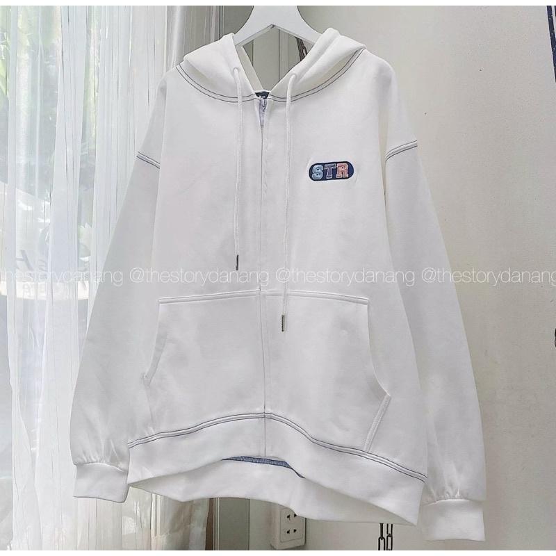 Áo khoác hoodie form rộng có khoá kéo tay phồng, áo khoác chống nắng nỉ ngoại STR