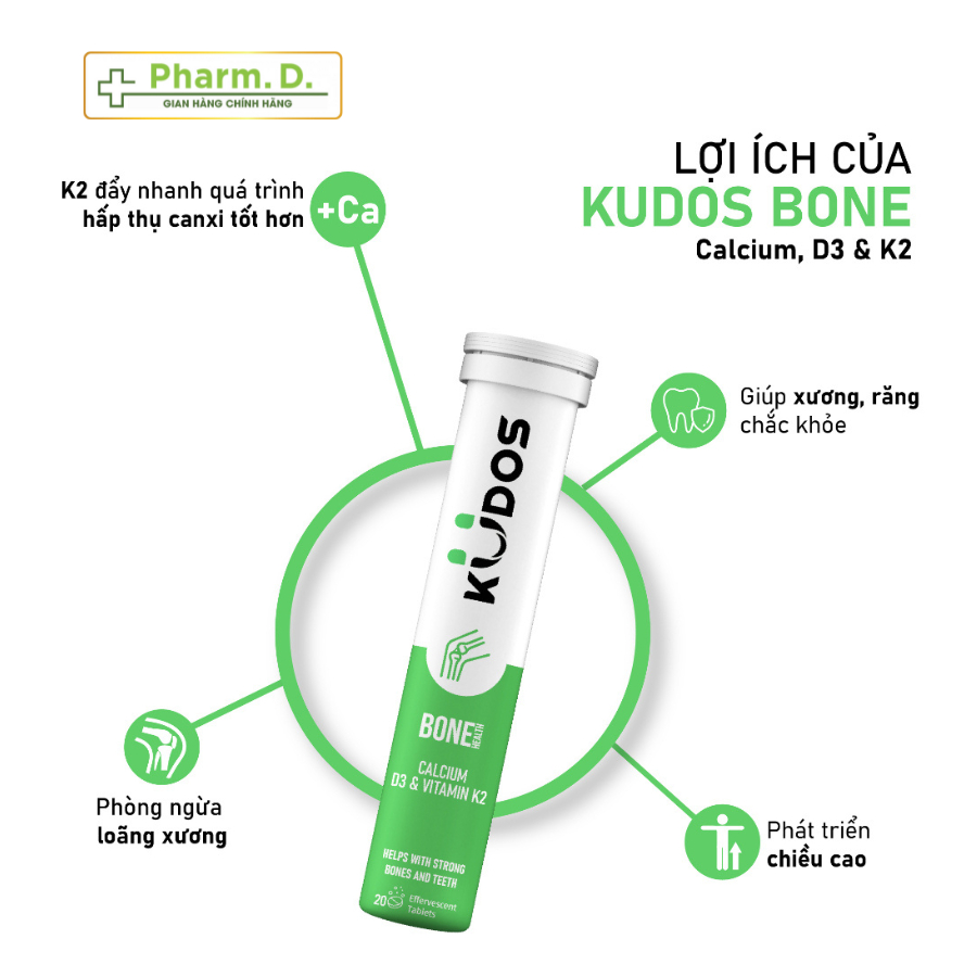 Viên Sủi KUDOS BONE Bổ Sung Canxi, Vitamin D3 Và Vitamin K2 Hỗ Trợ Xương Răng Chắc Khỏe