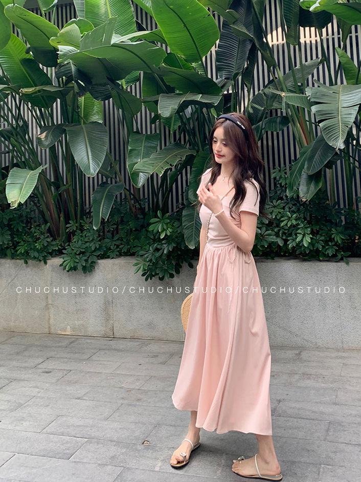 TOBE1SHOP Mùa xuân màu hồng Pháp ăn mặc nữ 2023 khí chất hiển thị gầy váy dài cao cấp Hepburn phong cách váy