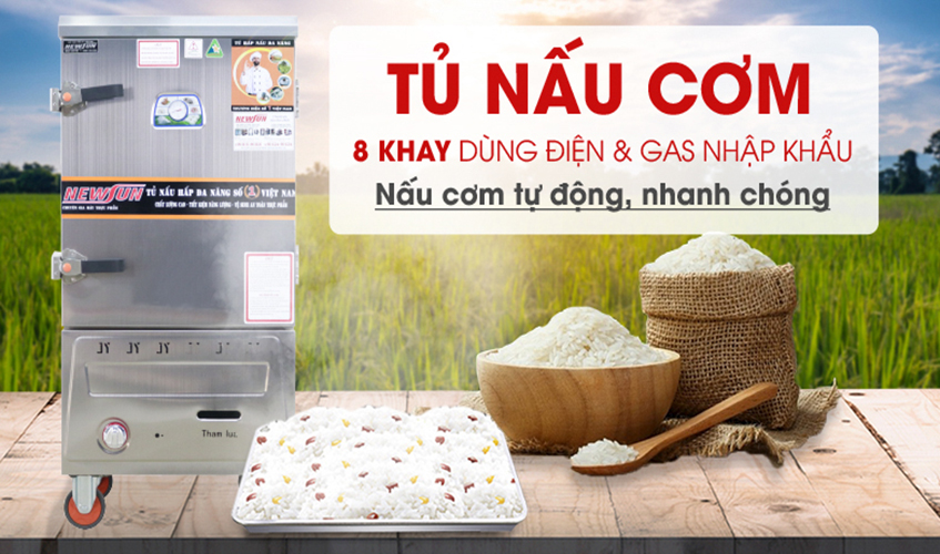 Tủ Nấu Cơm 24 Kg Gạo/ Mẻ Bằng Điện Gas 8 Khay Nhập Khẩu NEWSUN - Hàng Chính Hãng