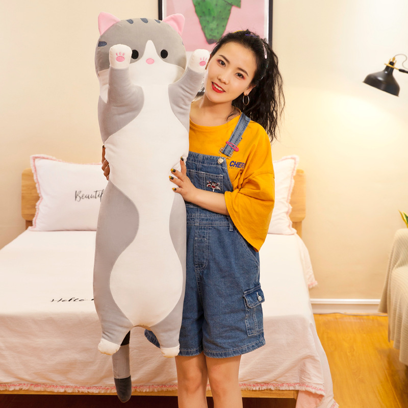 Gối Ôm Gấu Bông Mèo Dài Bông Tuyết Siêu Mịn Xám