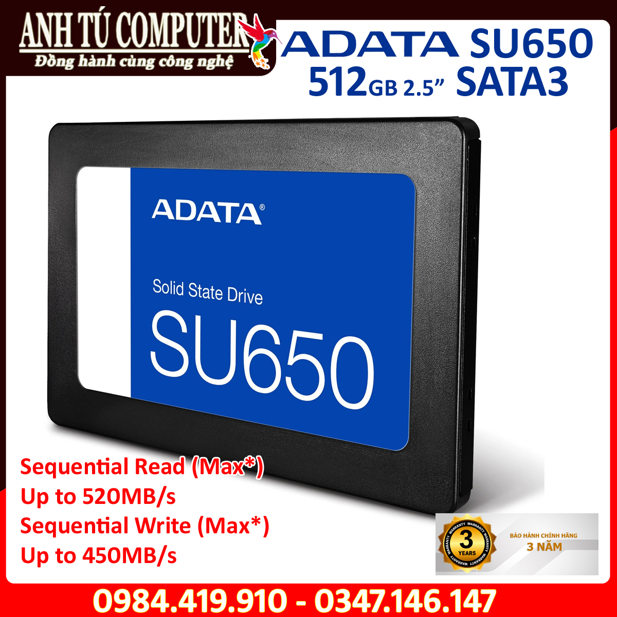 Ổ CỨNG SSD ADATA SU650 512GB 2.5″ Sata III hàng chính hãng