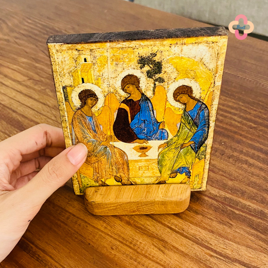 Tranh Gỗ Chúa Ba Ngôi Beati - Tranh Công Giáo Thủ Công Màu Rustic / Icon of the Holy Trinity by Andrei Rublev