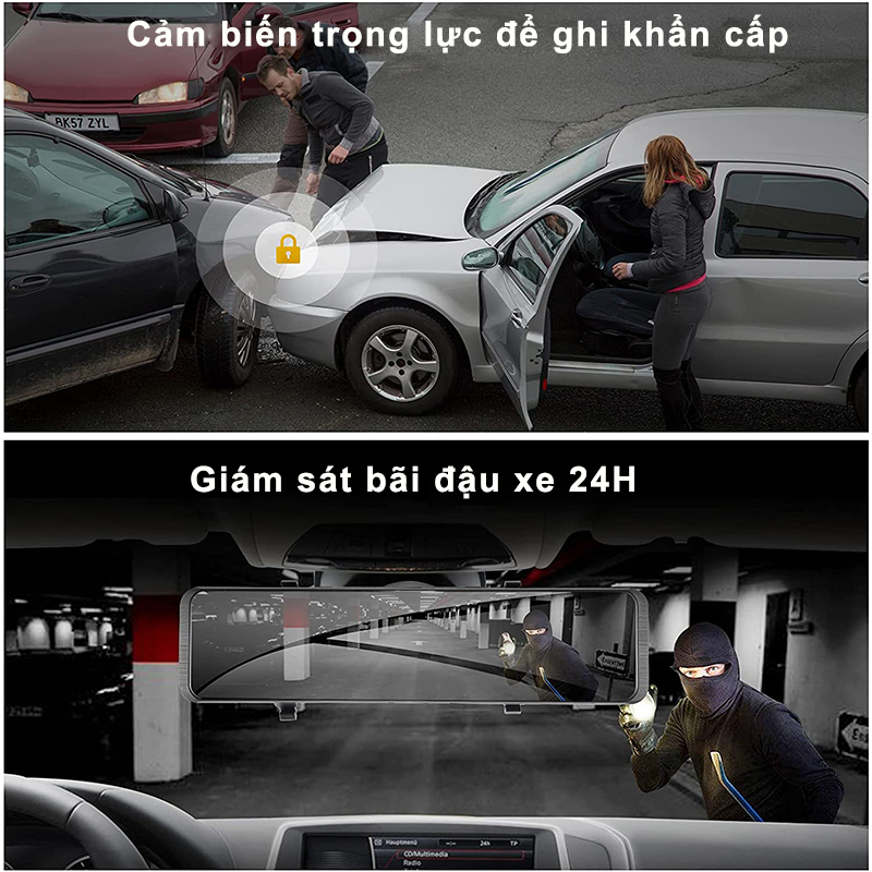 12 inch Màn hình cảm ứng IPS Máy ảnh ghi hình dạng gương chiếu hậu ô tô với điều khiển bằng giọng nói