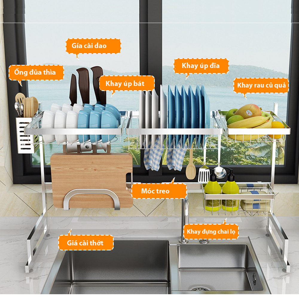 Kệ chén bát - Kệ úp chén trên bồn rửa inox 304 màu trắng kích thước 85 * 32 * 52cm