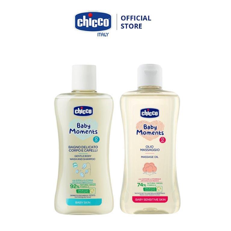 Combo Sữa tắm gội chiết xuất Yến mạch 0M+ Chicco 200ml + Dầu mát-xa chiết xuất hạt bông 0M+ Chicco 200ml (mới)