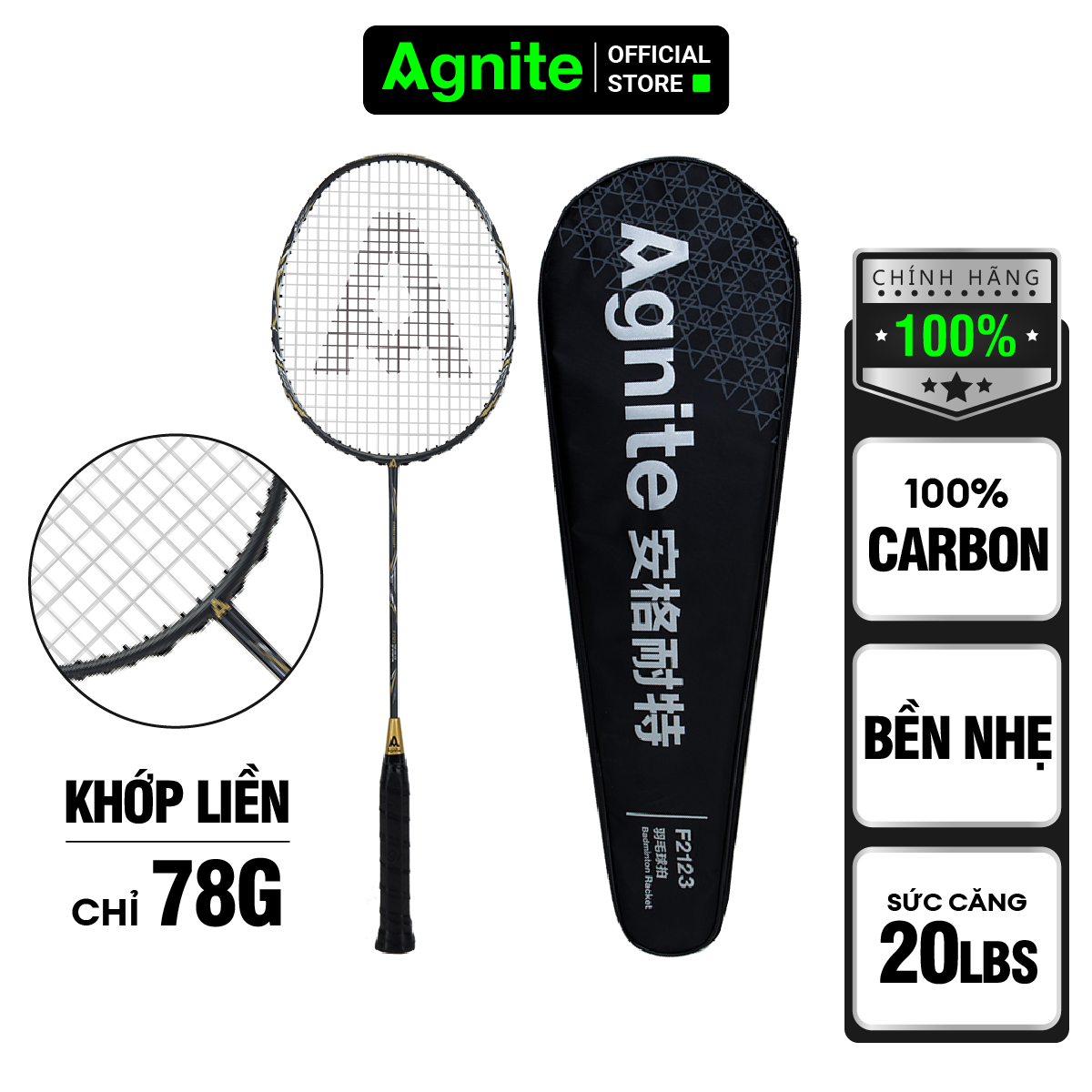 Vợt cầu lông đơn cao cấp chơi chuyên nghiệp Agnite, 100% CARBON, khớp nối liền siêu bền nhẹ tặng kèm phụ kiện