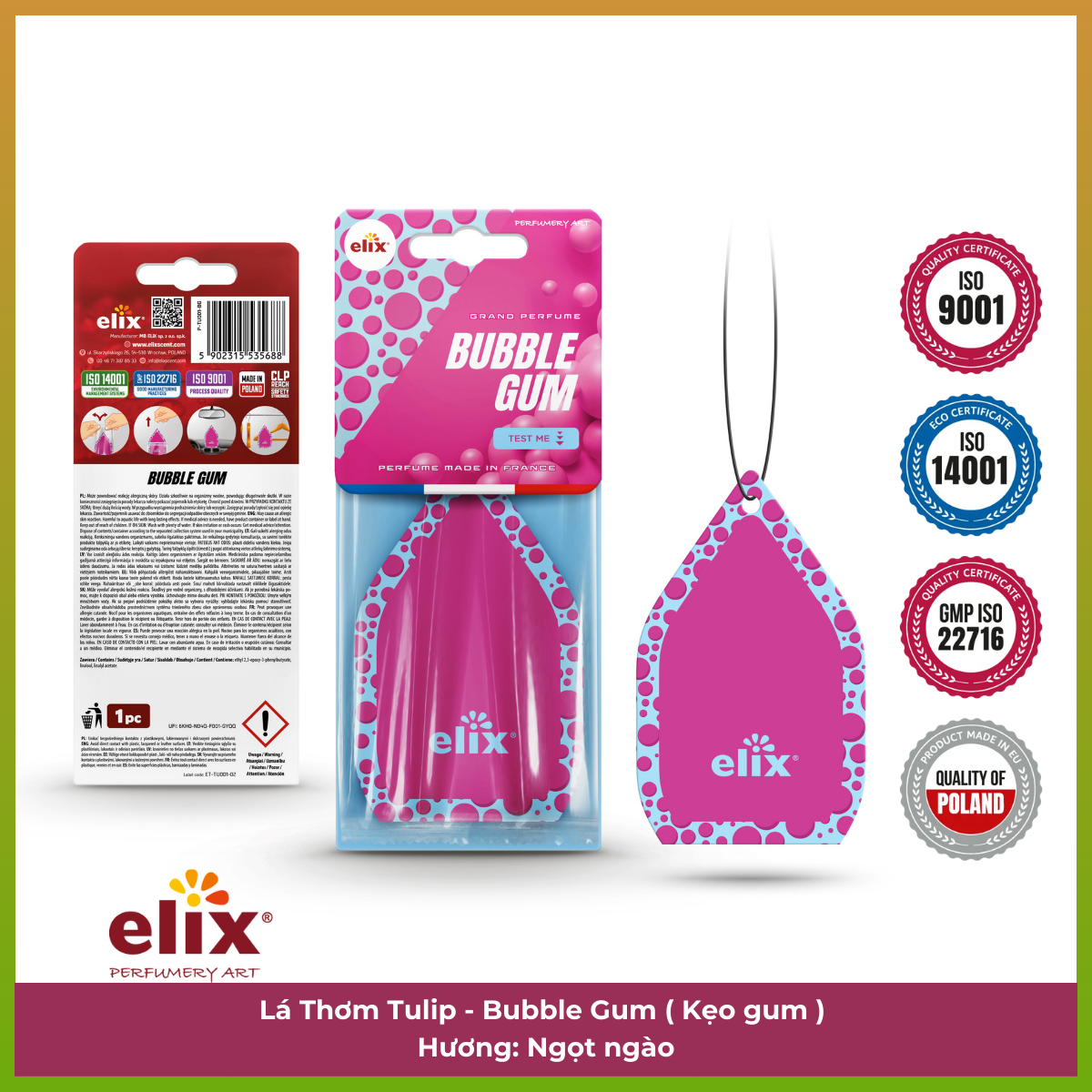 Giấy thơm treo Ô tô Elix Tulip - Hương Bubble Gum (Kẹo gum, ngọt ngào)