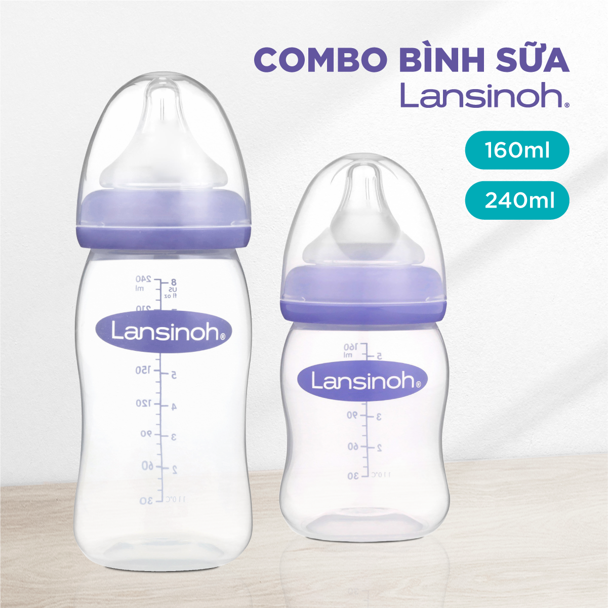 2 Bình Sữa Cổ Rộng Lansinoh 160ml +240ml TẶNG 1 Núm Vú Cổ Rộng Lansinoh Size F
