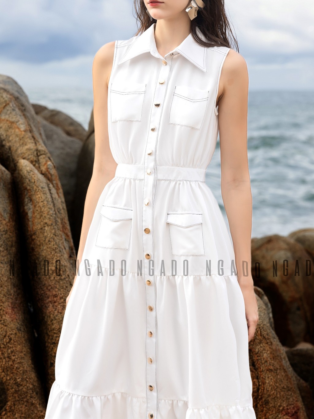 Đầm sơ mi trắng sát nách NGADO , đầm nữ , Đầm xòe vintage , Đầm dạo phố