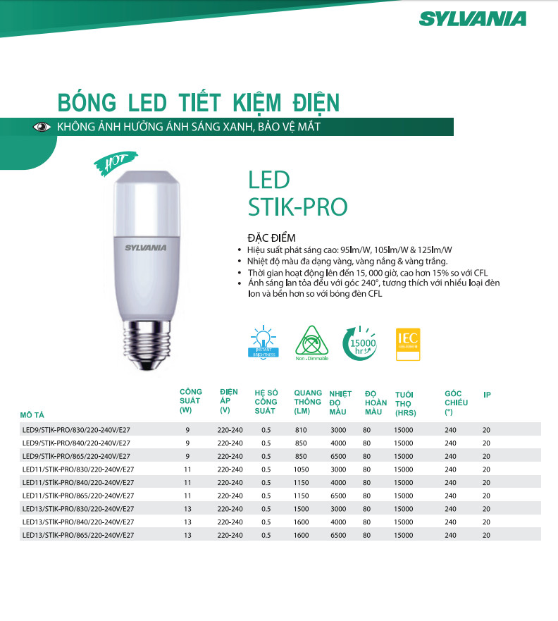 ĐÈN LED STIK-PRO SYLVANIA 9W 6500K 15000h SIÊU SÁNG E27 - - TIẾT KIỆM ĐIỆN NĂNG