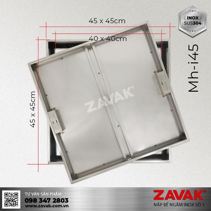 Nắp bể nước ngầm trong nhà Zavak MHI-45. lát gạch âm sàn kích thước 45x45cm. Inox304 chống gỉ