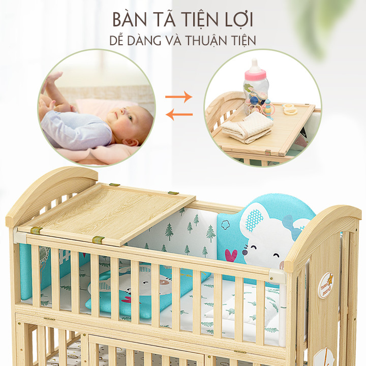 Giường cũi đa năng cho bé full set gồm nôi cũi kéo dài , màn chống muỗi , nệm xơ dừa , bộ quây cũi hoàng gia , gối