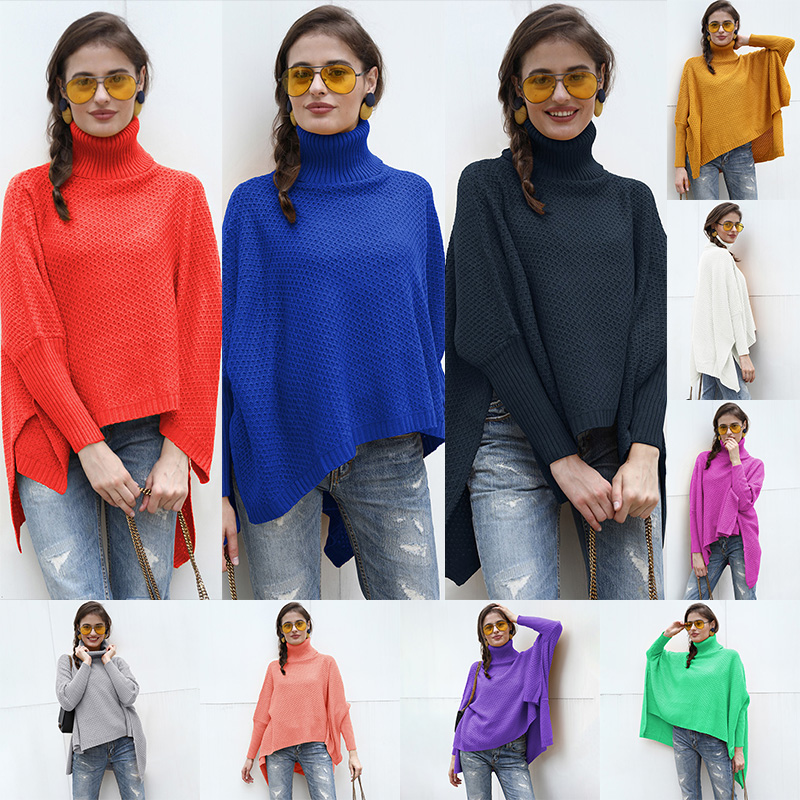 Fashion Women Knitted Sweater Turtleneck Long Sleeve Split Irregular Solid Loose Jumper Pullover Knitwear