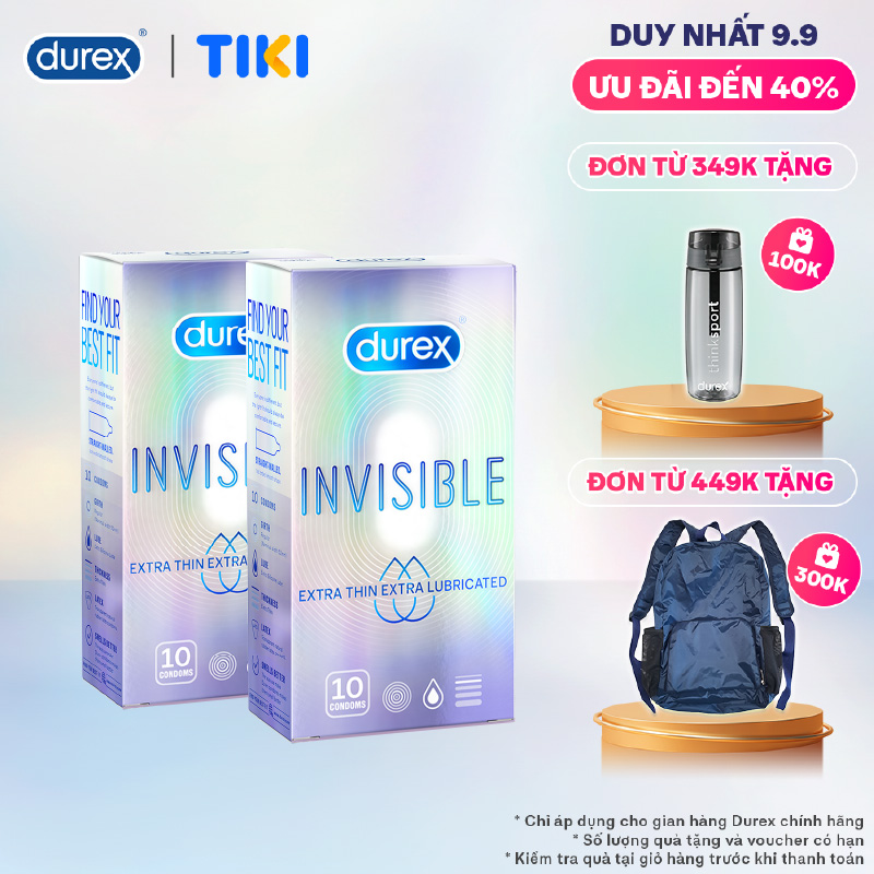 Combo 2 bao cao su Durex Invisible Extra Thin Extra Lubricated Hộp 10 Bao - 2 hộp 20 bao