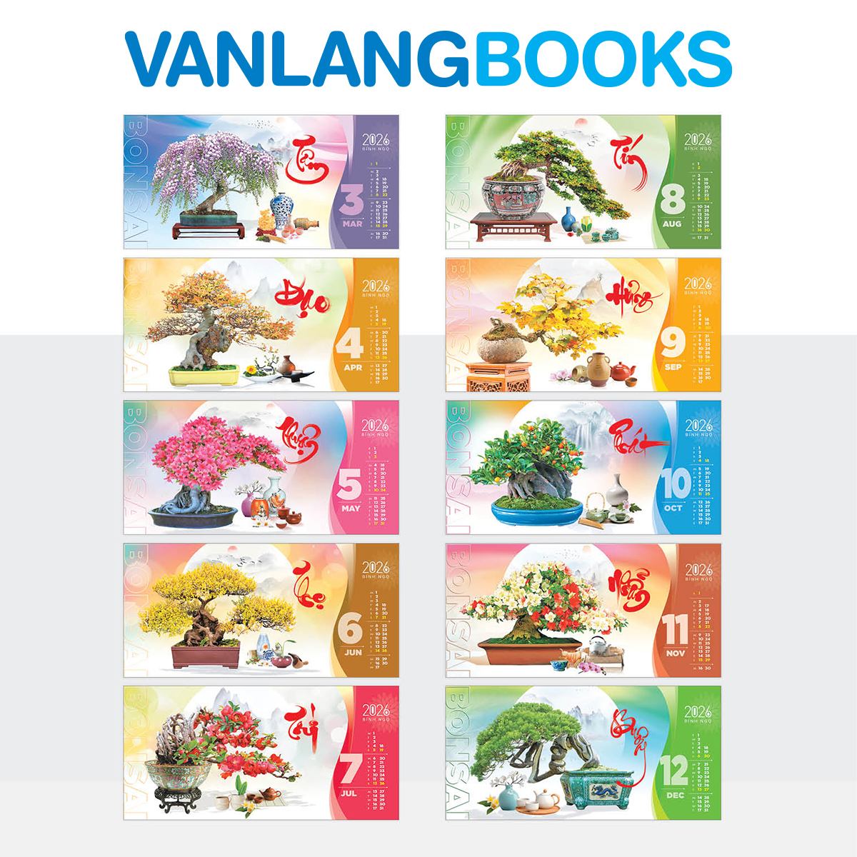 Lịch Bàn 2026 Vanlangbooks - Bonsai &amp; Thư Pháp (VLLB17) - Màu Xanh