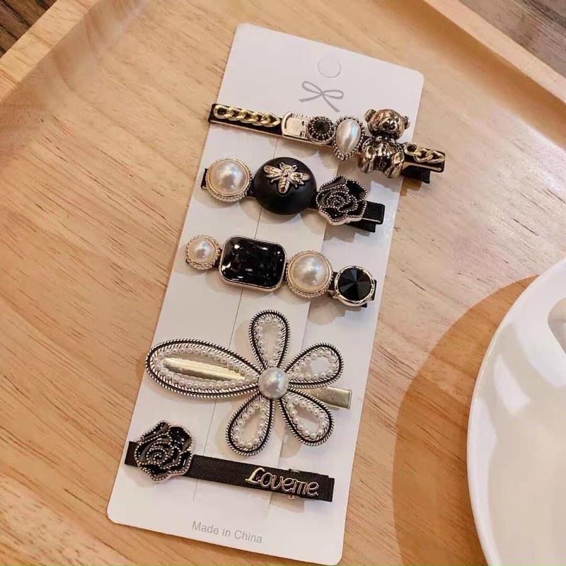 Set 5 Kẹp Tóc Hình Nơ Đính Ngọc Trai Màu Đen Phong Cách Retro Hàn Quốc
