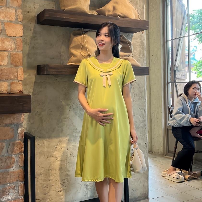 Đầm bầu cotton lạnh cổ sen đính nơ viền cách điệu dễ thương - Đen