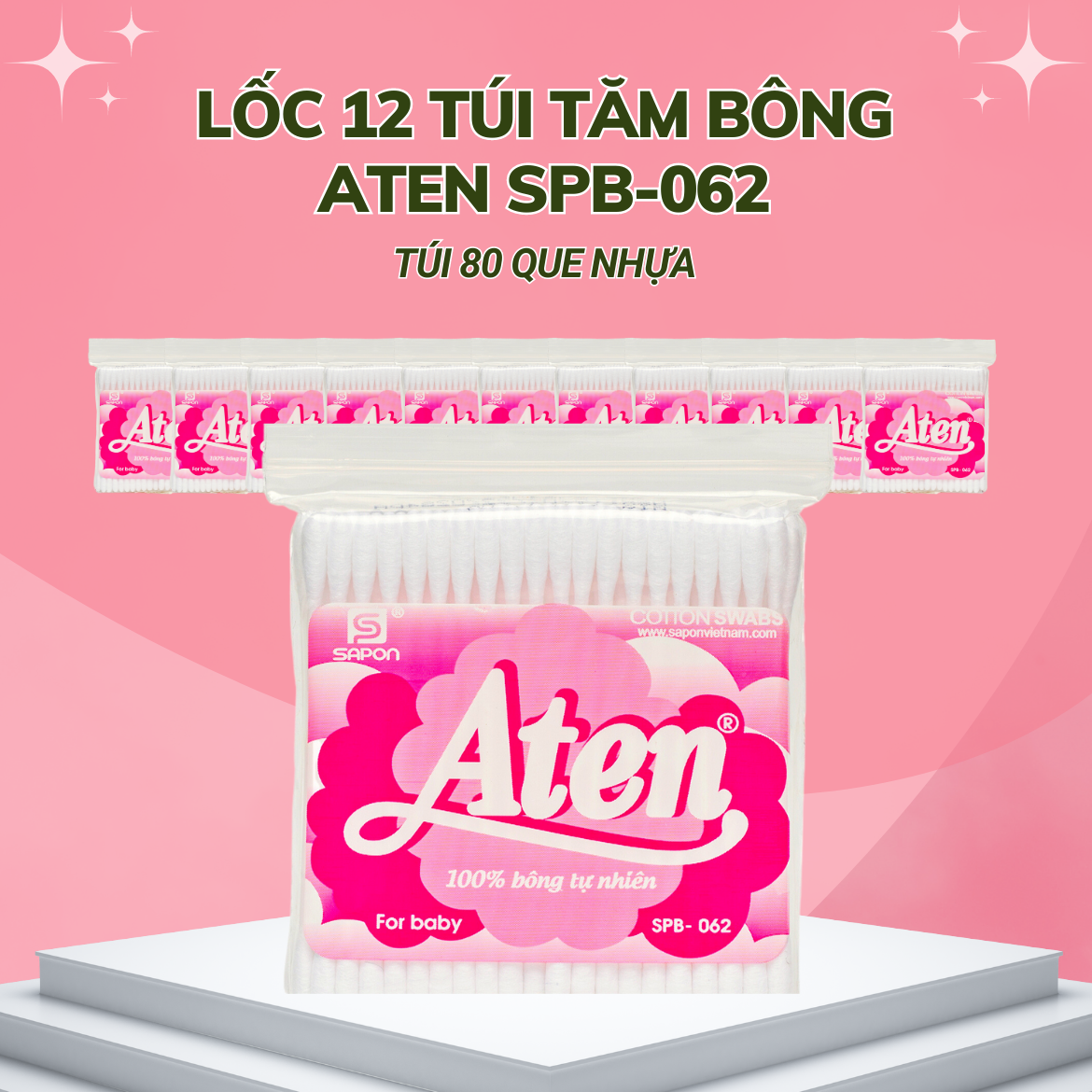 Lốc 12 túi Tăm bông Aten trẻ em thân nhựa 80 que SPB-062