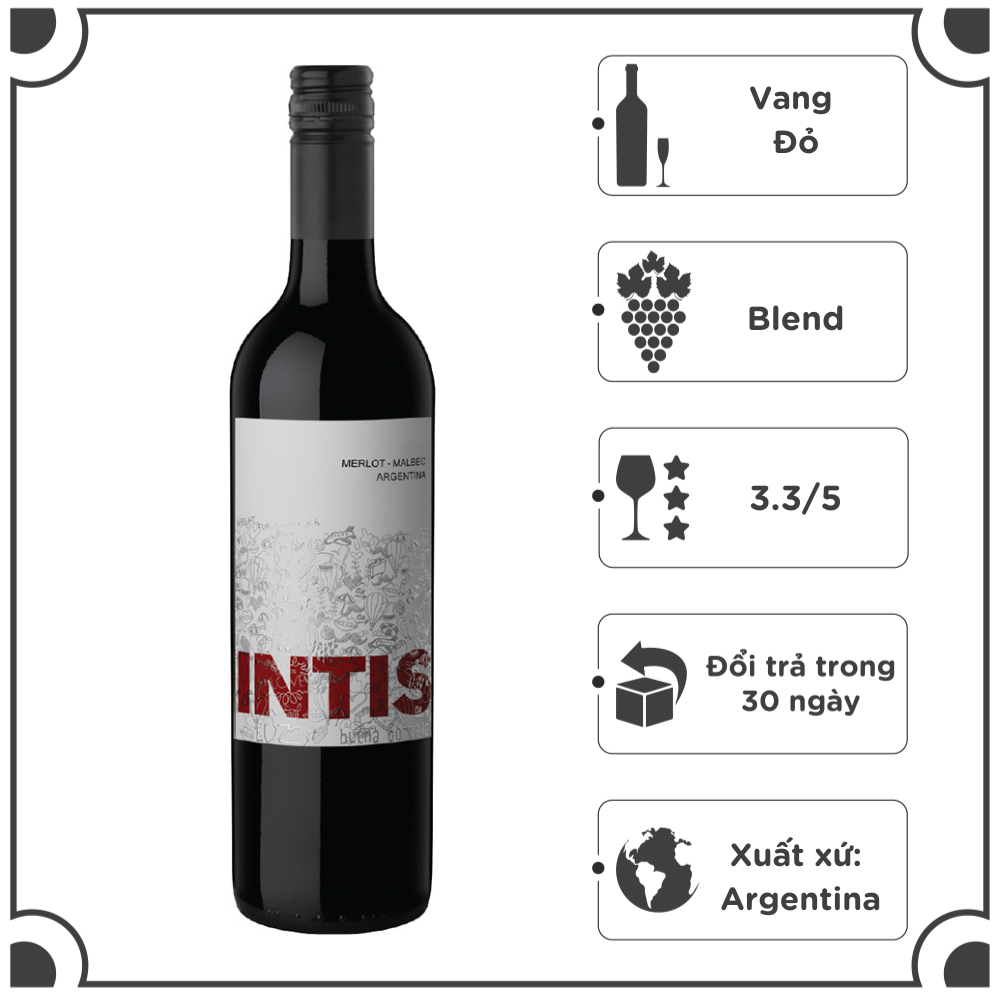 Rượu vang đỏ Argentina Intis Merlot Malbec 750ml 11.5% - 13.5% Không hộp