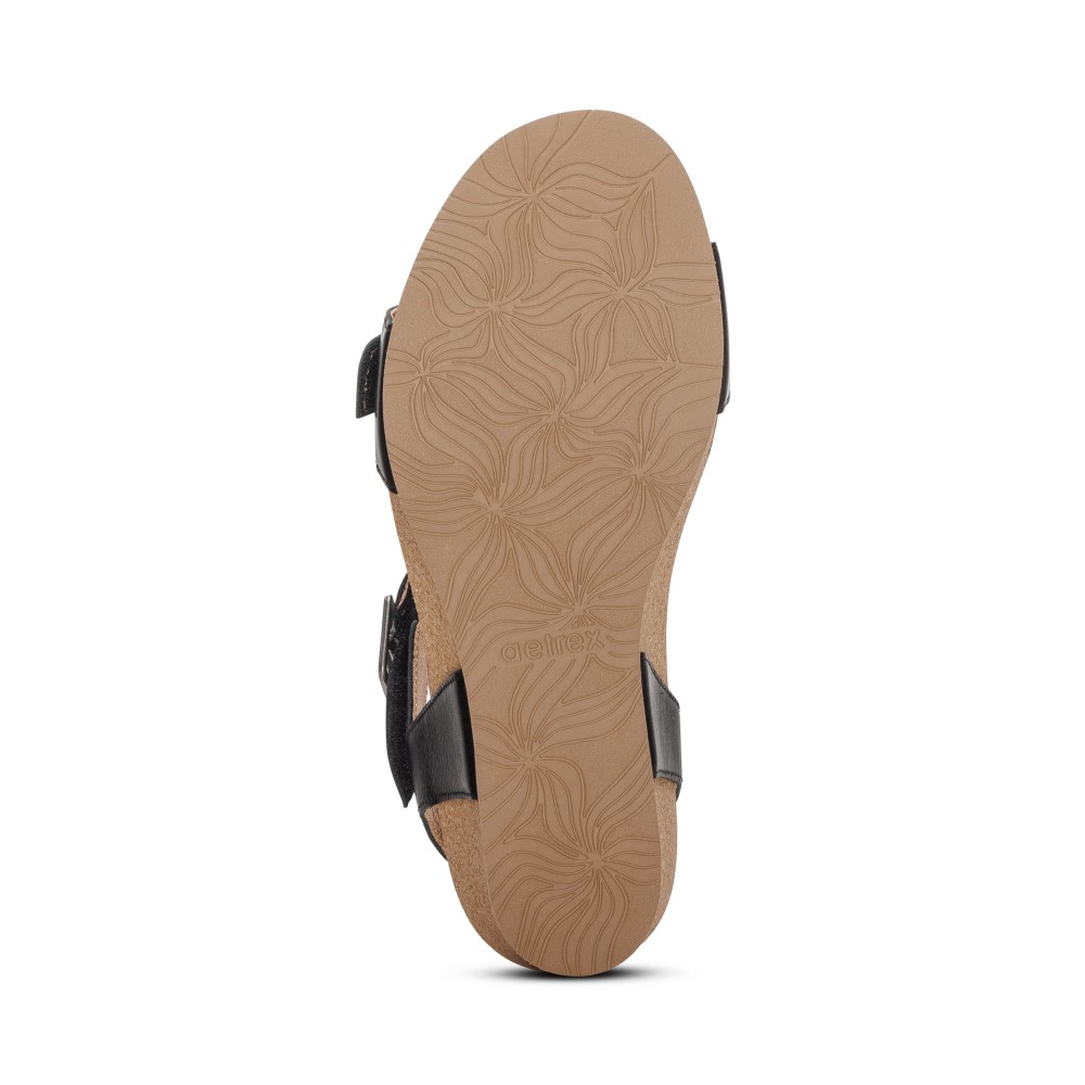Sandal sức khoẻ nữ Aetrex Lexa Black - Giày cao 5p đế da mềm nhẹ, không chúi mũi chân
