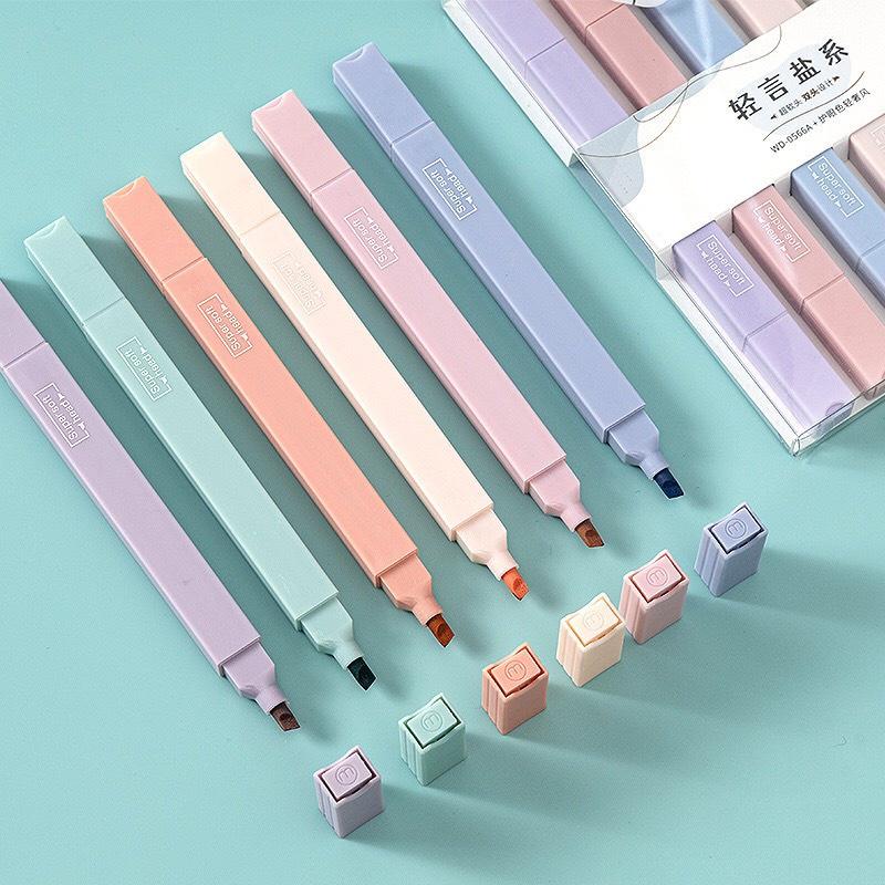 Sét 6 Bút highlight pastel 2 đầu, bút đánh dấu nhớ dòng morandi trang trí sổ bullet journal văn phòng phẩm