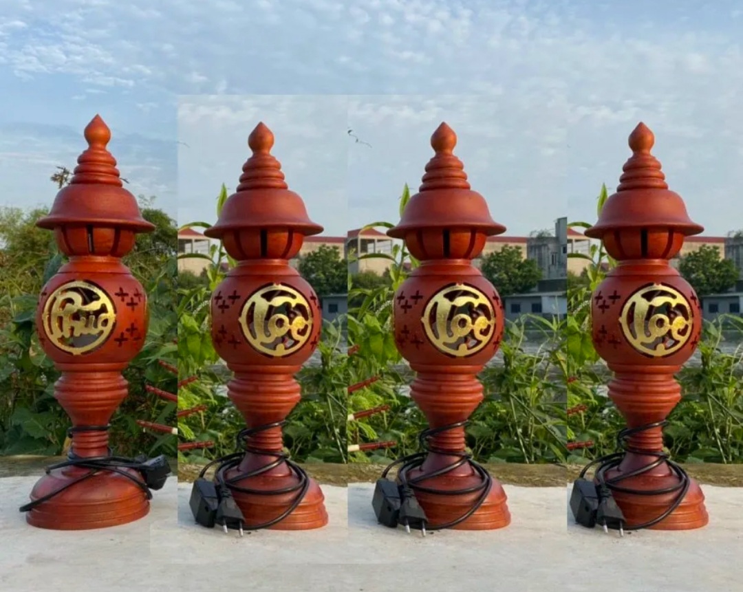 Cặp đèn thờ tổ ông -Cặp đèn thờ gỗ Phúc Lộc Thọ khắc chữ sơn nhũ vàng cao 41-48 cm