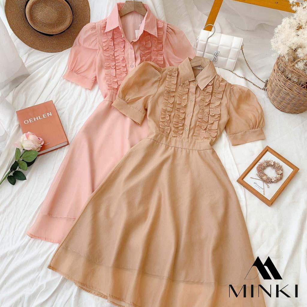 ĐẦM SƠ MI TAY BỒNG DỊU DÀNG - CHẤT LIỆU VOAN TƠ CAO CẤP - MÀU HỒNG/ NUDE