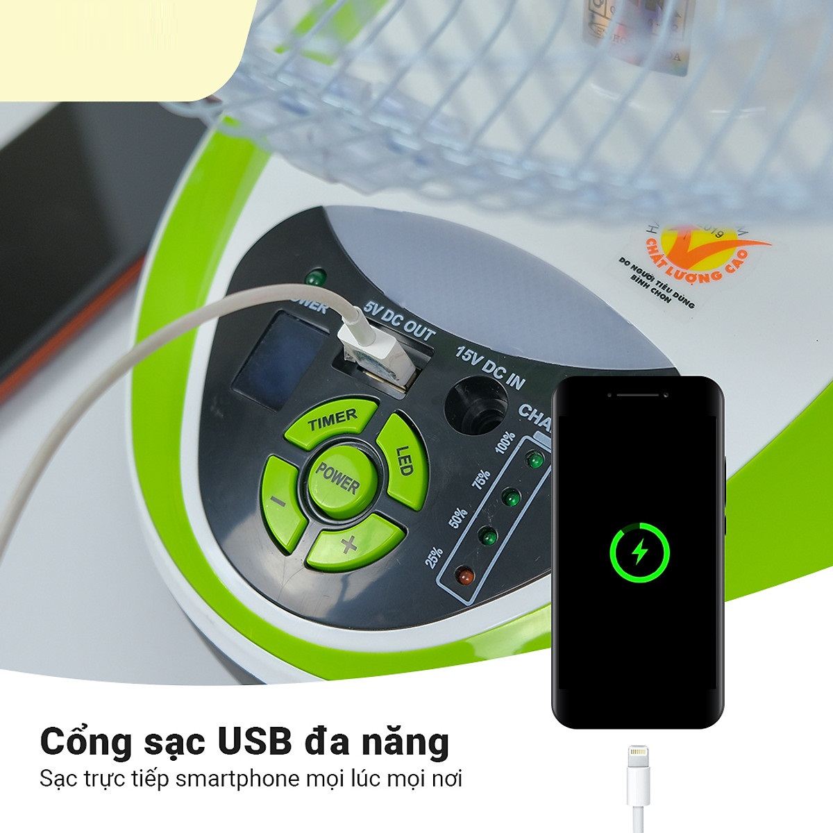 Quạt Sạc Tích Điện 16 Inch HJD-FL316 Tích Hợp Đèn LED Và Cổng Sạc USB - Hàng Chính Hãng