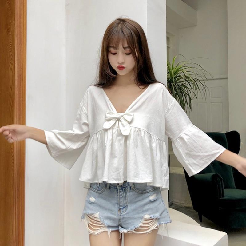 ÁO BABYDOLL NỮ PHỐI NƠ 2 MÀU HỒNG, TRẮNG CHẤT THẤM MỒ HÔI HÈ 2021