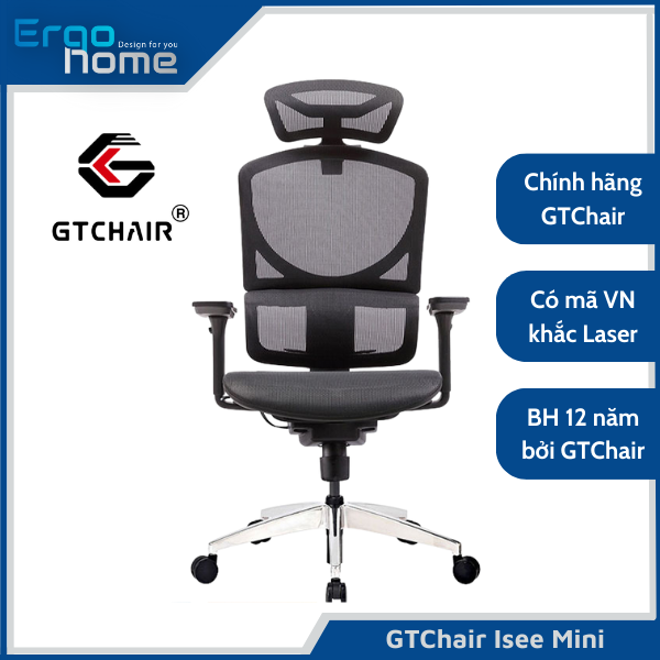 Ghế làm việc GTChair Isee Mini xoay văn phòng công thái học Ergonomic chất liệu lưới CHỊU LỰC bảo vệ cột sống, ngả sâu 125 độ, tựa đầu 3D, lưng ghế nâng hậ tiện lợi - ERGOHOME