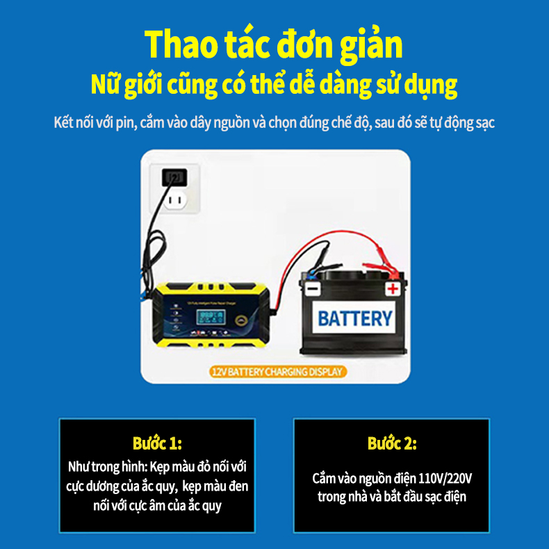 Sạc bình ắc quy ô tô xe máy 12V tự ngắt khi đầy chức năng bảo dưỡng phục hồi ắc quy bằng khử sunfat chống ngược cực,Màn hình hiển thị LCD