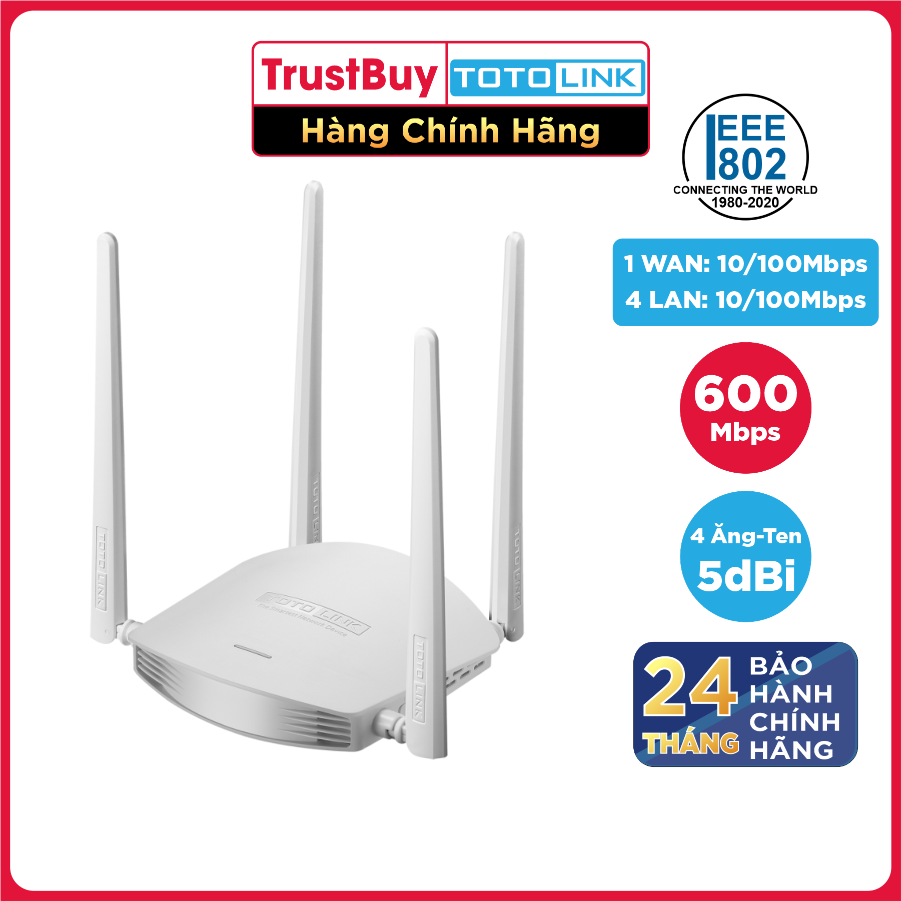 Bộ Router Phát WiFi Chuẩn N Tốc Độ 600Mbps TOTOLINK N600R - Hàng Chính Hãng