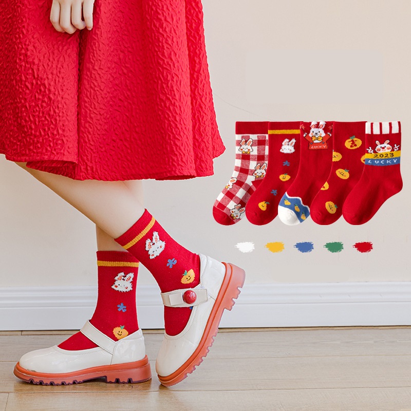 Set 5 Đôi Vớ MINLIU Màu Đỏ Họa Tiết Thỏ Đáng Yêu Cho Bé Gái
