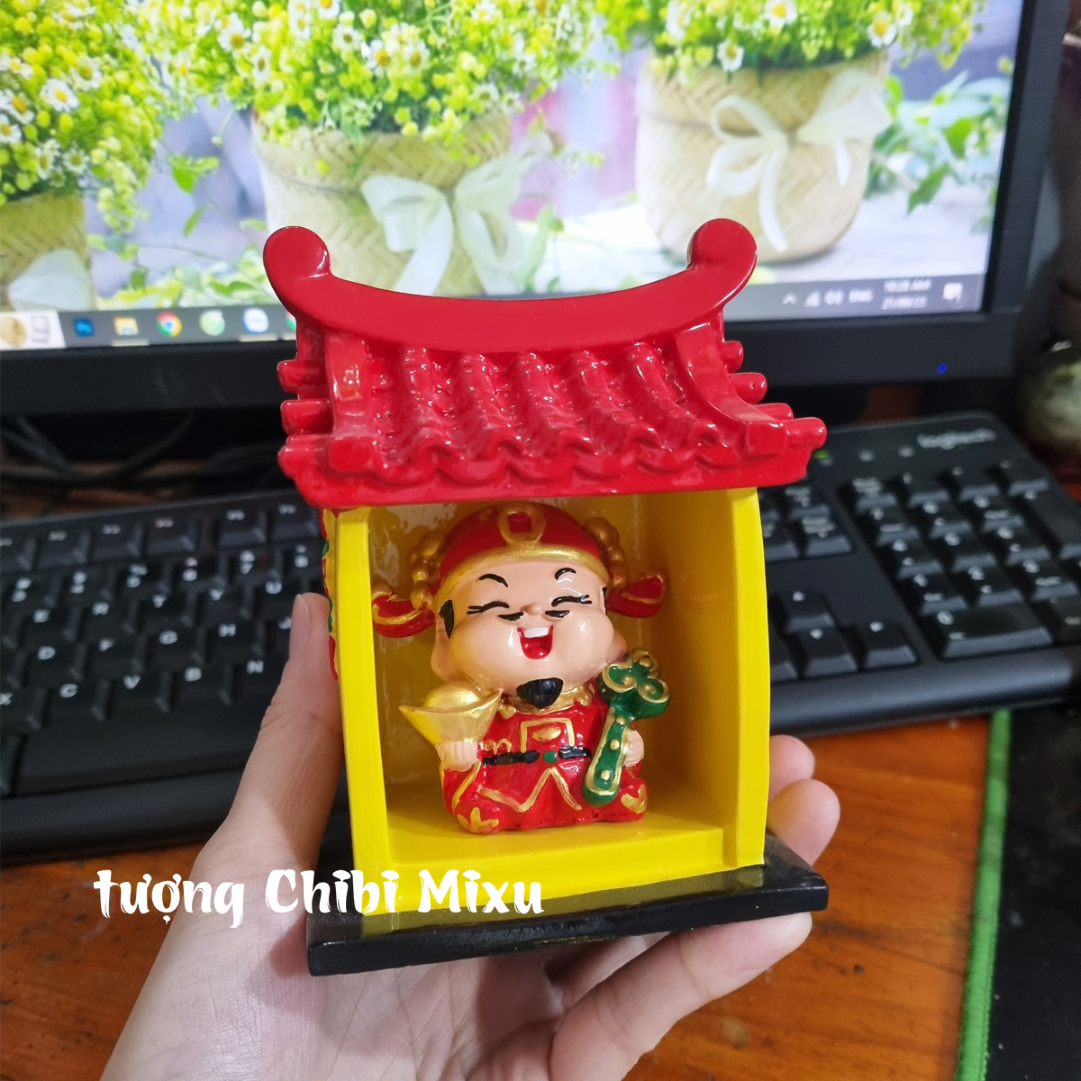 Bộ thờ cúng Miếu Thần.Tài (gồm miếu size đại + tượng Thần Tài 6cm + lư hương + đế size 12cm) mô hình bàn thờ Thần Tài mini